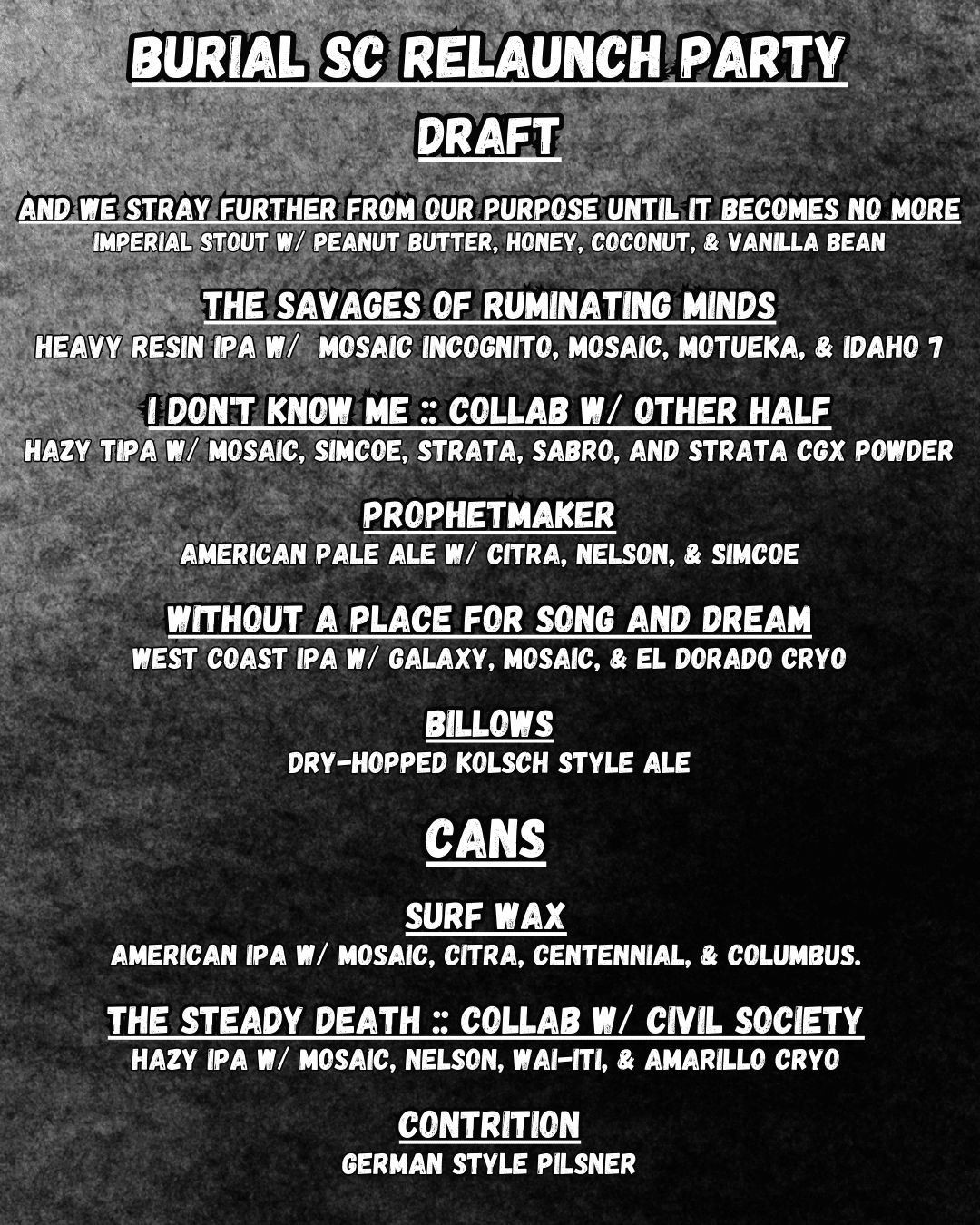 Burial SC Re-Launch Event :: The Whale :: A Craft Beer Collective